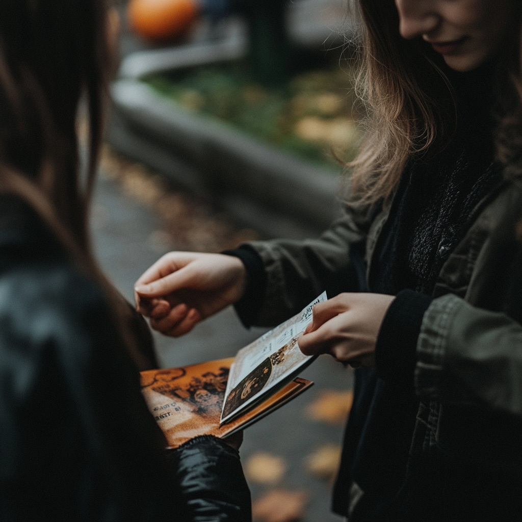 Eine Frau beim Verteilen von Halloween-Pamphleten | Quelle: Midjourney