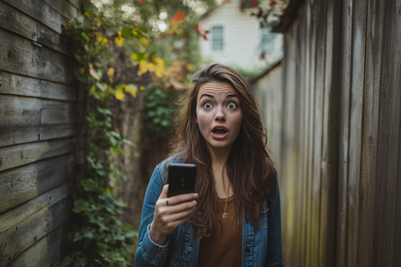 Eine geschockte Frau, die ein Telefon hält | Quelle: Midjourney