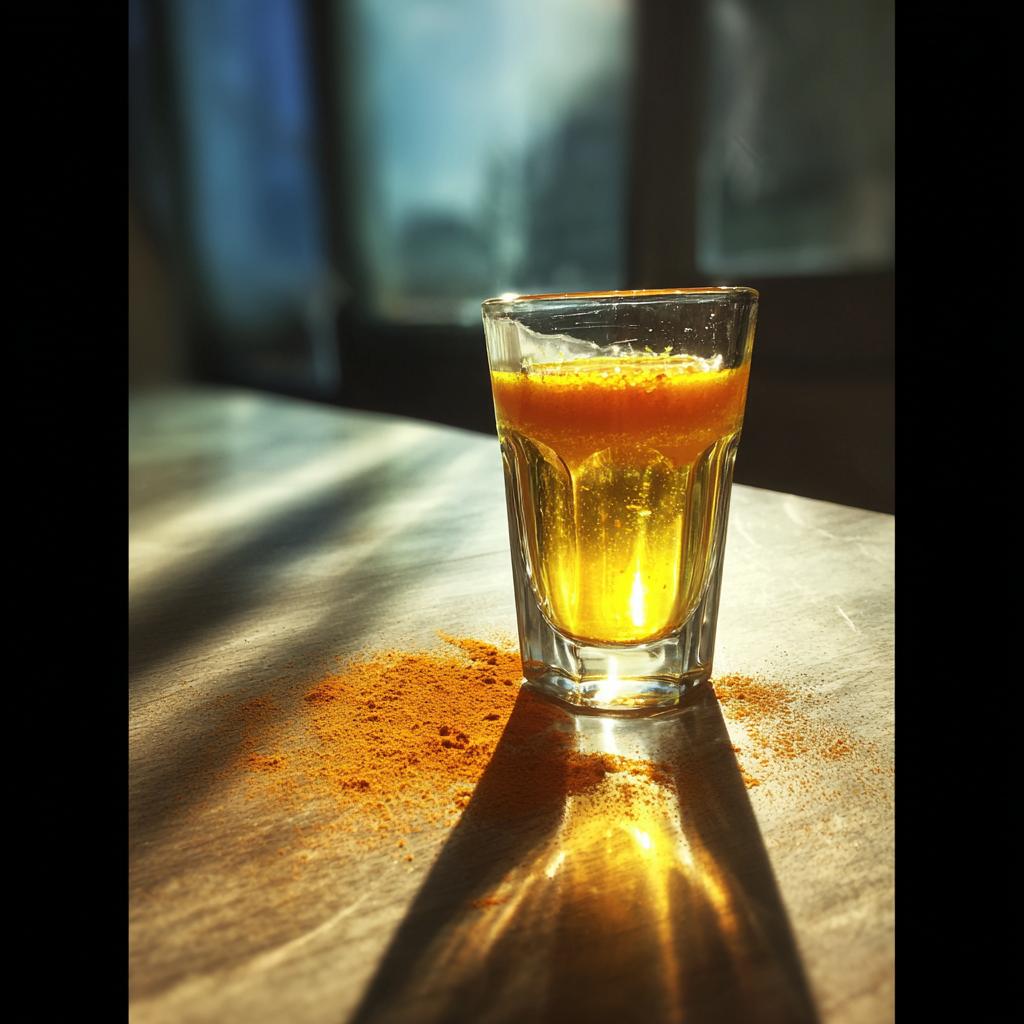 Ein Schnapsglas Kurkumawasser | Quelle: Midjourney