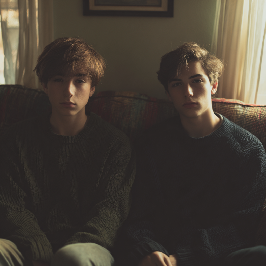 Zwillingsjungen sitzen auf einer Couch | Quelle: Midjourney