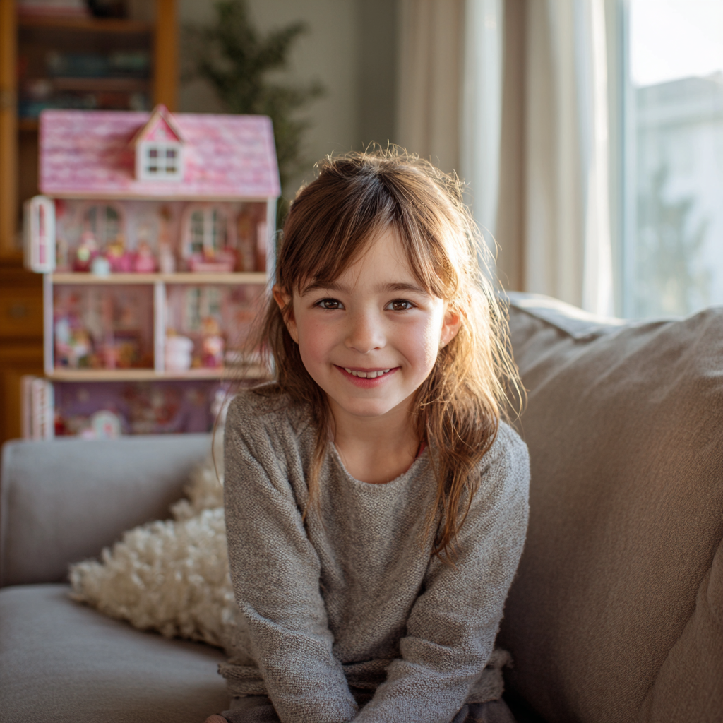 Ein lächelndes kleines Mädchen, das auf einer Couch sitzt | Quelle: Midjourney