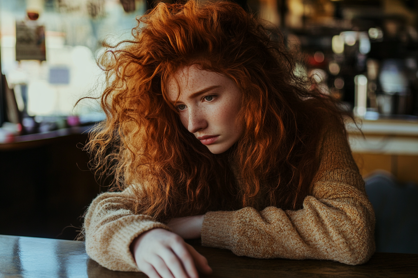 Uma mulher ruiva estende a mão sobre uma mesa em um café, parecendo triste | Fonte: Midjourney