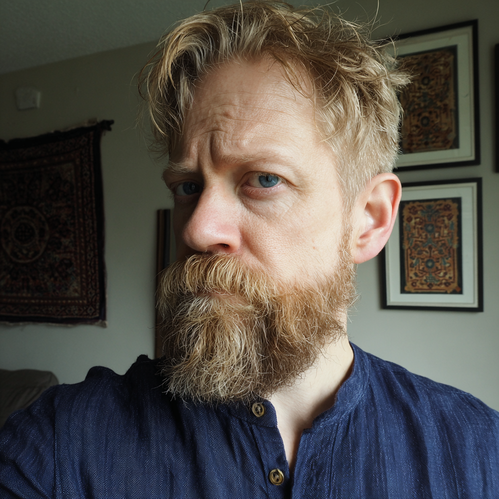 Ein stirnrunzelnder Mann in einem marineblauen Leinenhemd | Quelle: Midjourney