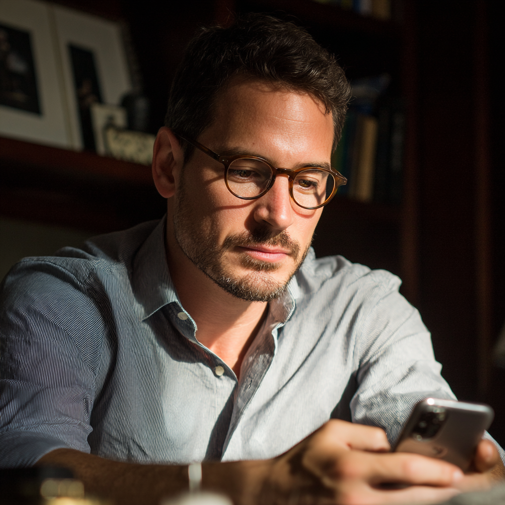 Ein Mann sitzt an seinem Schreibtisch und benutzt sein Telefon | Quelle: Midjourney