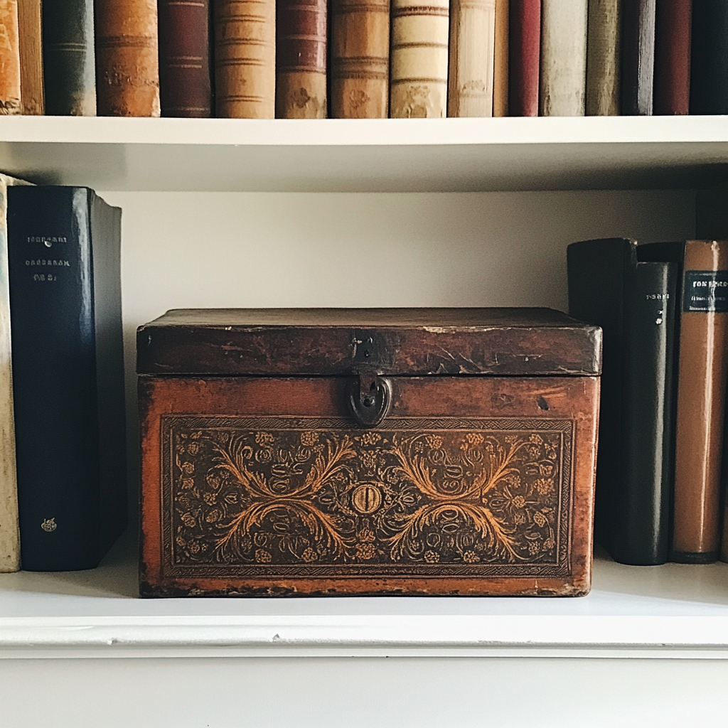 Eine Holzkiste in einem Bücherregal | Quelle: Midjourney