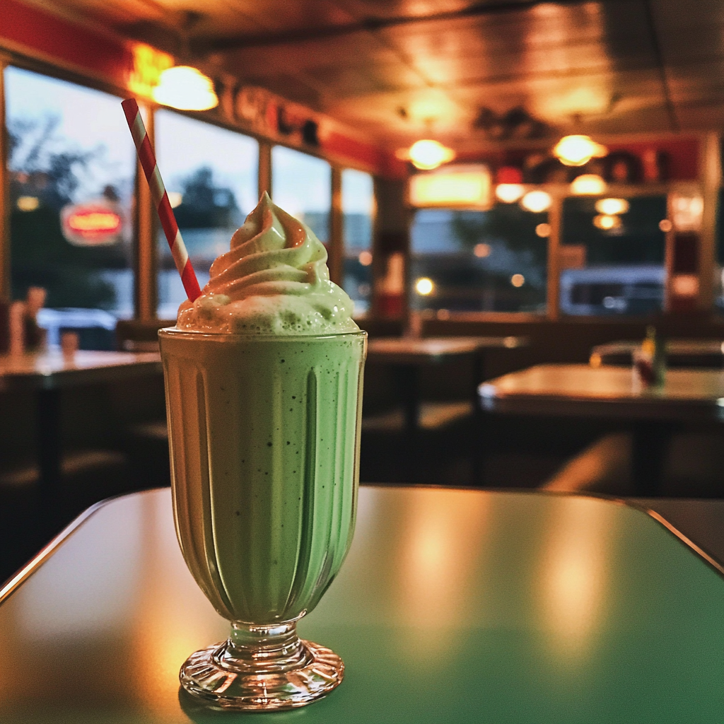 Ein Limetten-Milchshake auf einem Tisch in einem Diner | Quelle: Midjourney