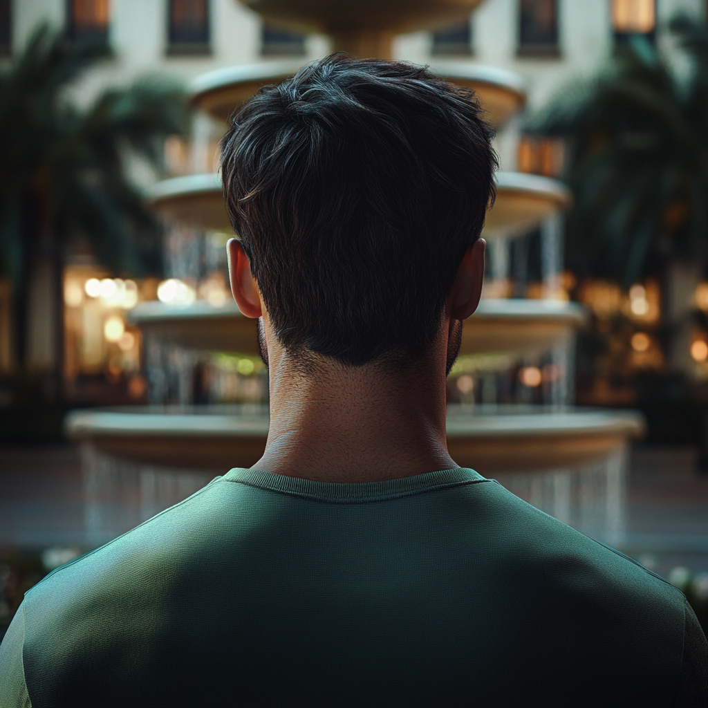 Ein Mann steht vor einem Brunnen | Quelle: Midjourney