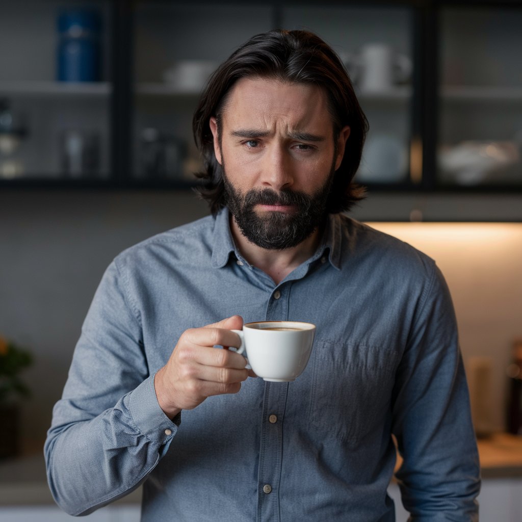 Ein Mann mit einer Tasse Kaffee in der Hand in einer Küche, der traurig aussieht | Quelle: Midjourney