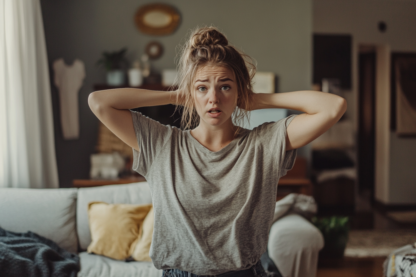 Eine Frau in einem unordentlichen Wohnzimmer, die mit jemandem spricht | Quelle: Midjourney