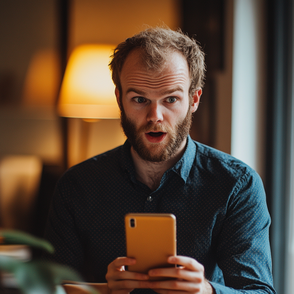 Ein überraschter Mann schaut auf sein Telefon | Quelle: Midjourney