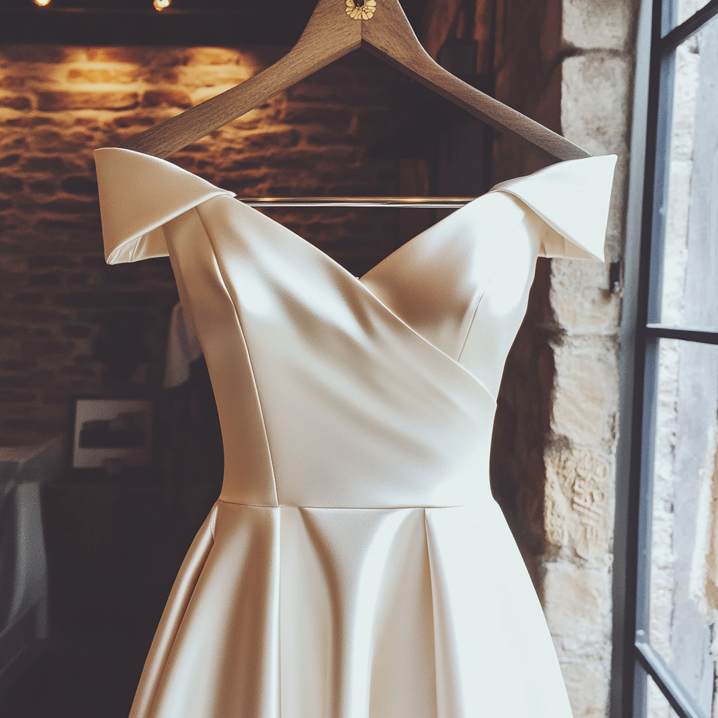 Ein schönes Hochzeitskleid auf einem Kleiderbügel | Quelle: Midjourney