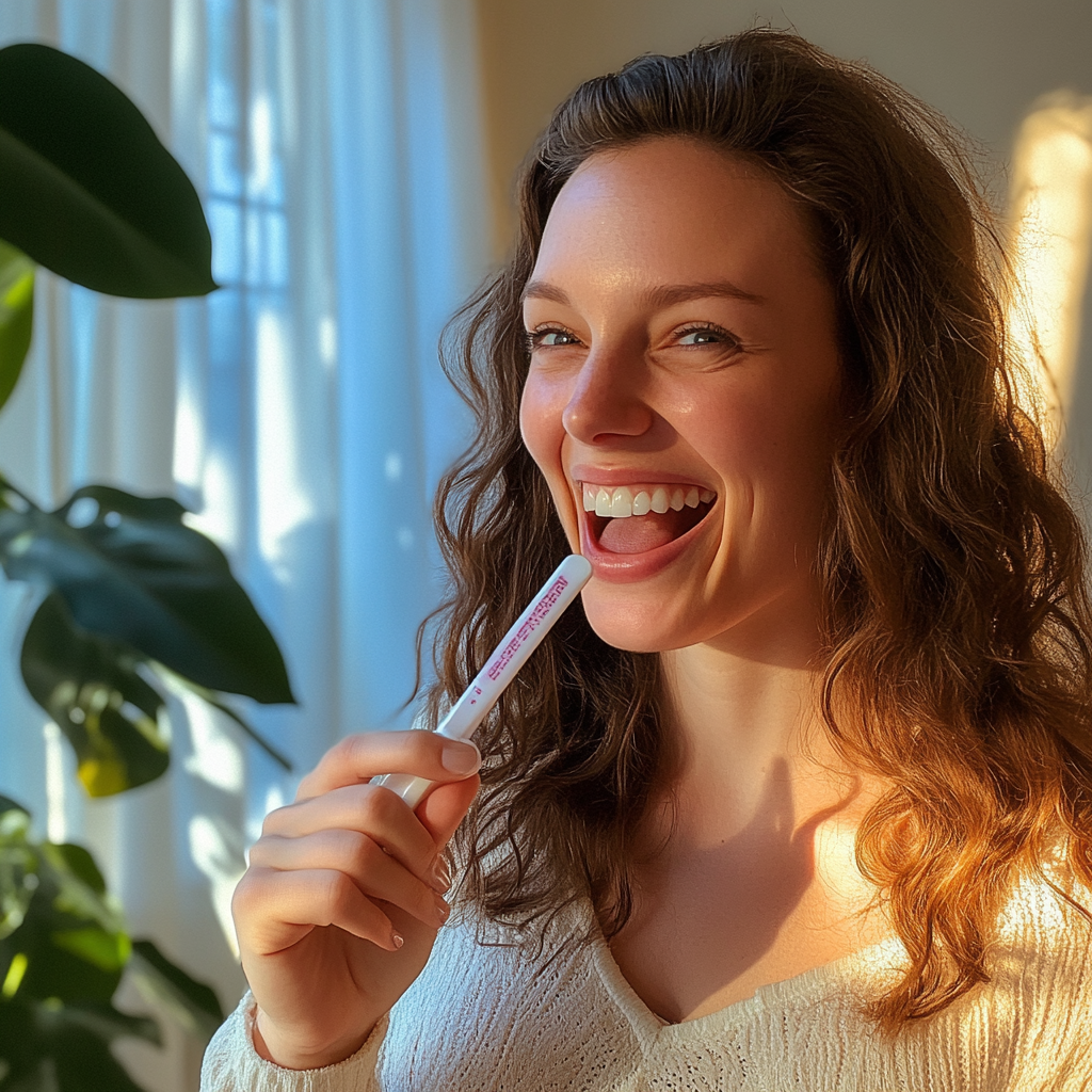 A woman holds a pregnancy test in her hand | Source: Midjourney