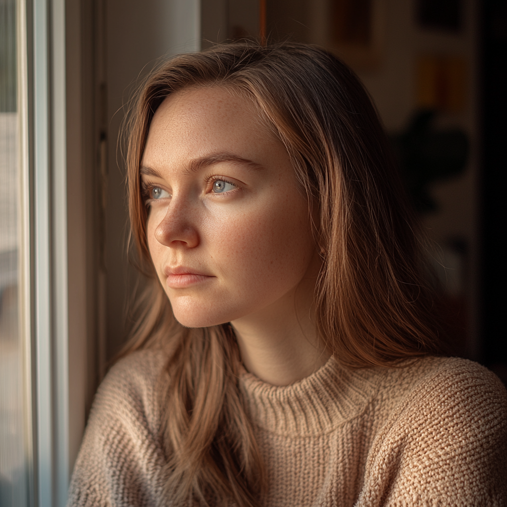 Eine nachdenkliche Frau schaut aus dem Fenster | Quelle: Midjourney