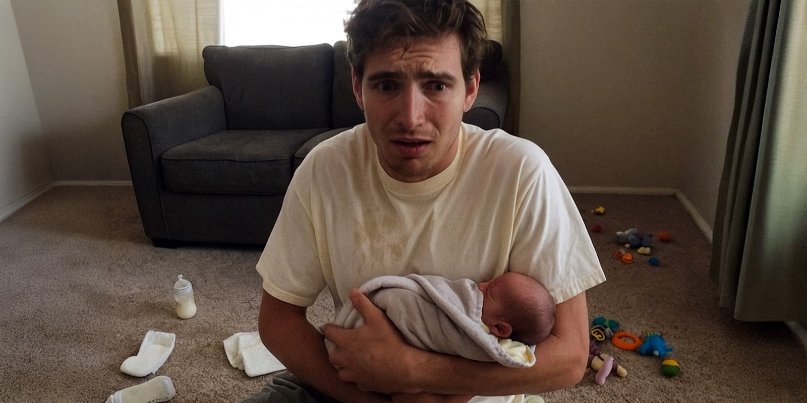 Ein Mann mit einem Baby. | Quelle: Sora