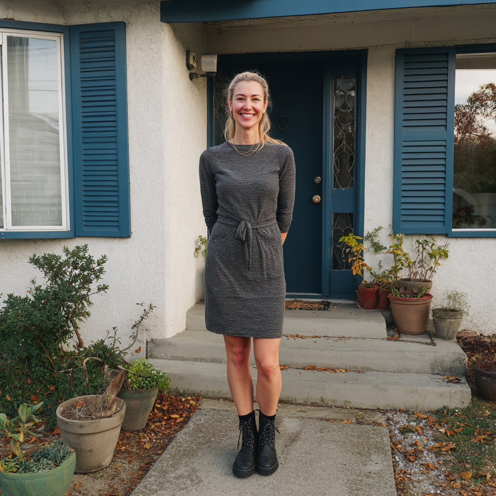 Eine lächelnde Frau, die vor einem Haus steht | Quelle: Midjourney