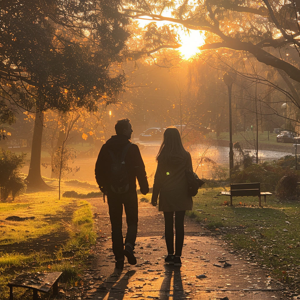 Vater und seine Teenager-Tochter gehen im Park spazieren | Quelle: Midjourney