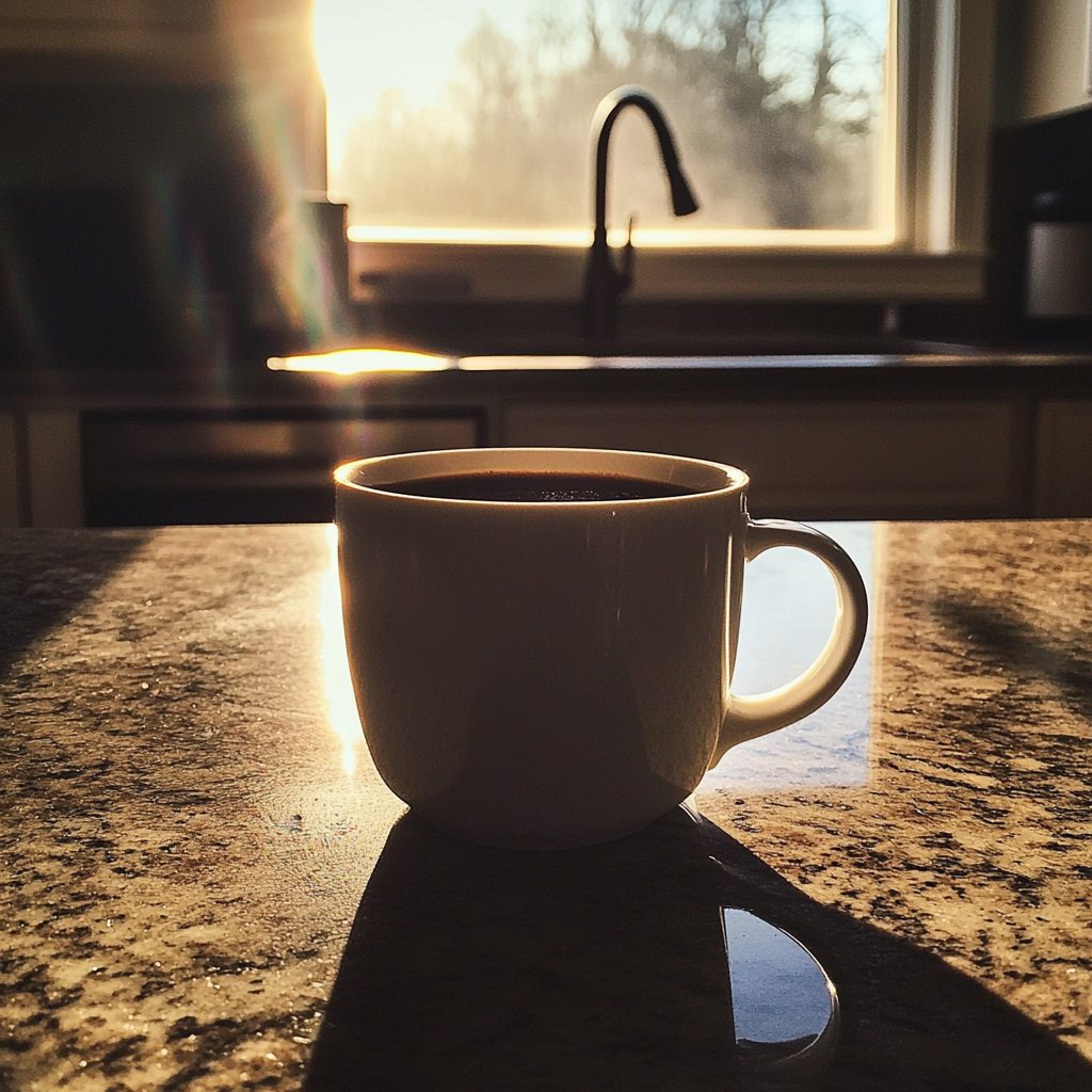 Eine Tasse Kaffee auf einer Küchentheke | Quelle: Midjourney
