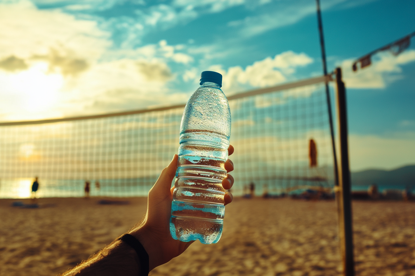 Mann bietet eine Wasserflasche auf einem Volleyballfeld am Strand an | Quelle: Midjourney