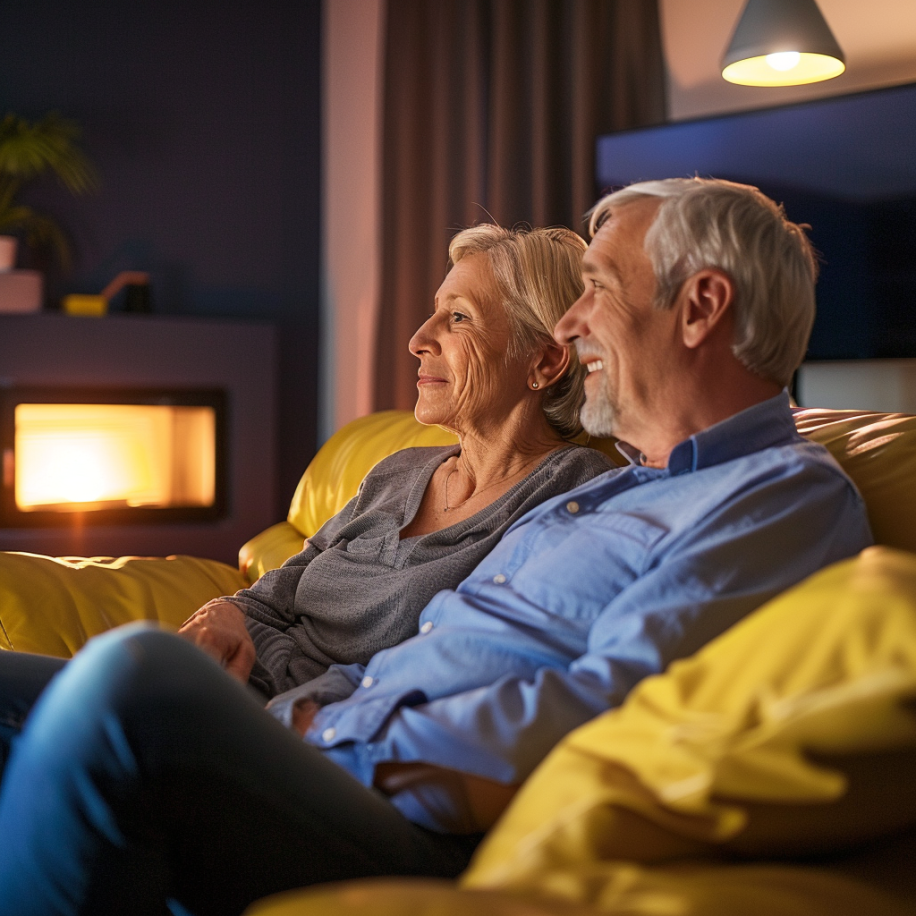 Ein älteres Paar sitzt zu Hause auf der Couch | Quelle: Midjourney