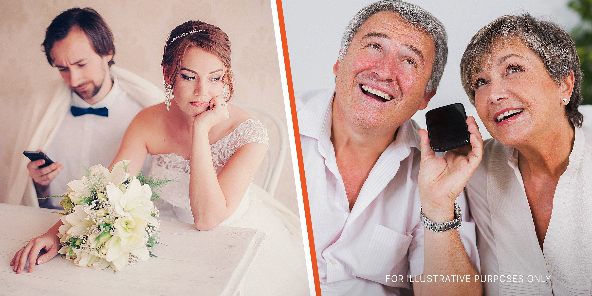 Ein Bräutigam, der auf sein Telefon schaut, während seine Braut enttäuscht guckt | Ein älteres Unternehmen, das lächelt, während es eine Sprachnachricht hinterlässt | Quelle: Shutterstock