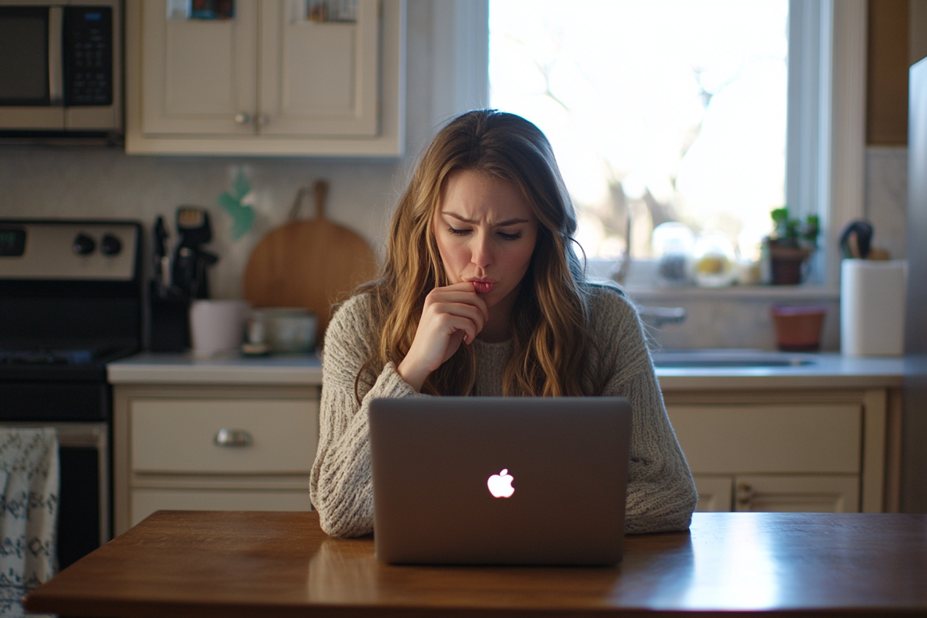 Eine Frau, die nachdenklich auf ihren Laptop-Bildschirm starrt | Quelle: Midjourney