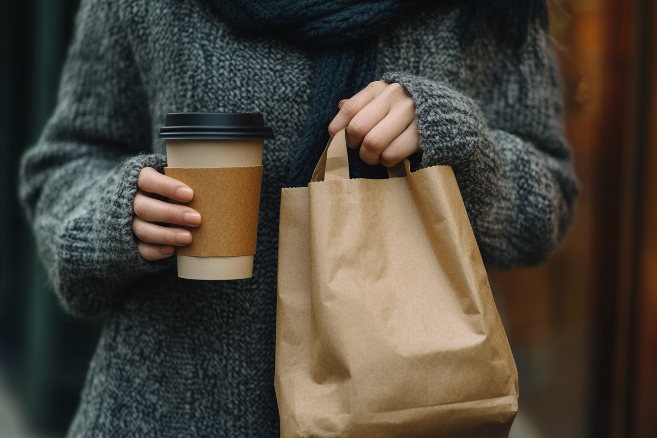 Eine Frau mit einem To-Go-Kaffeebecher und einer braunen To-Go-Tüte | Quelle: Midjourney