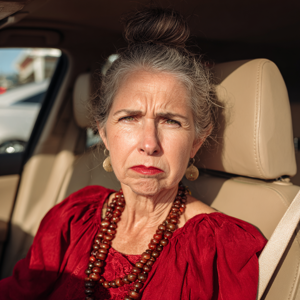 Eine wütende alte Frau, die in einem Auto sitzt | Quelle: Midjourney