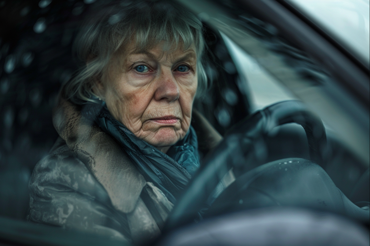 Eine nachdenkliche reife Frau in ihrem Auto | Quelle: MidJourney