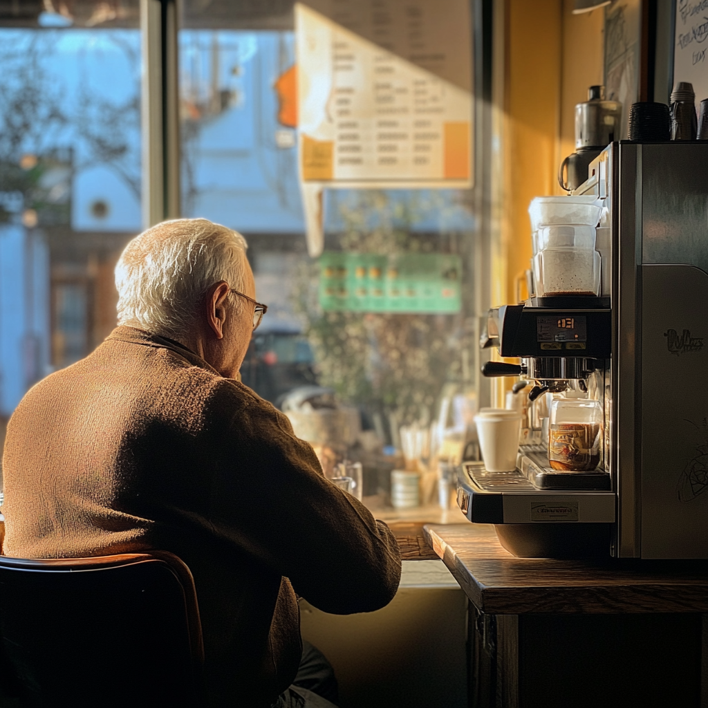 Ein älterer Mann, der neben einer Kaffeemaschine sitzt | Quelle: Midjourney