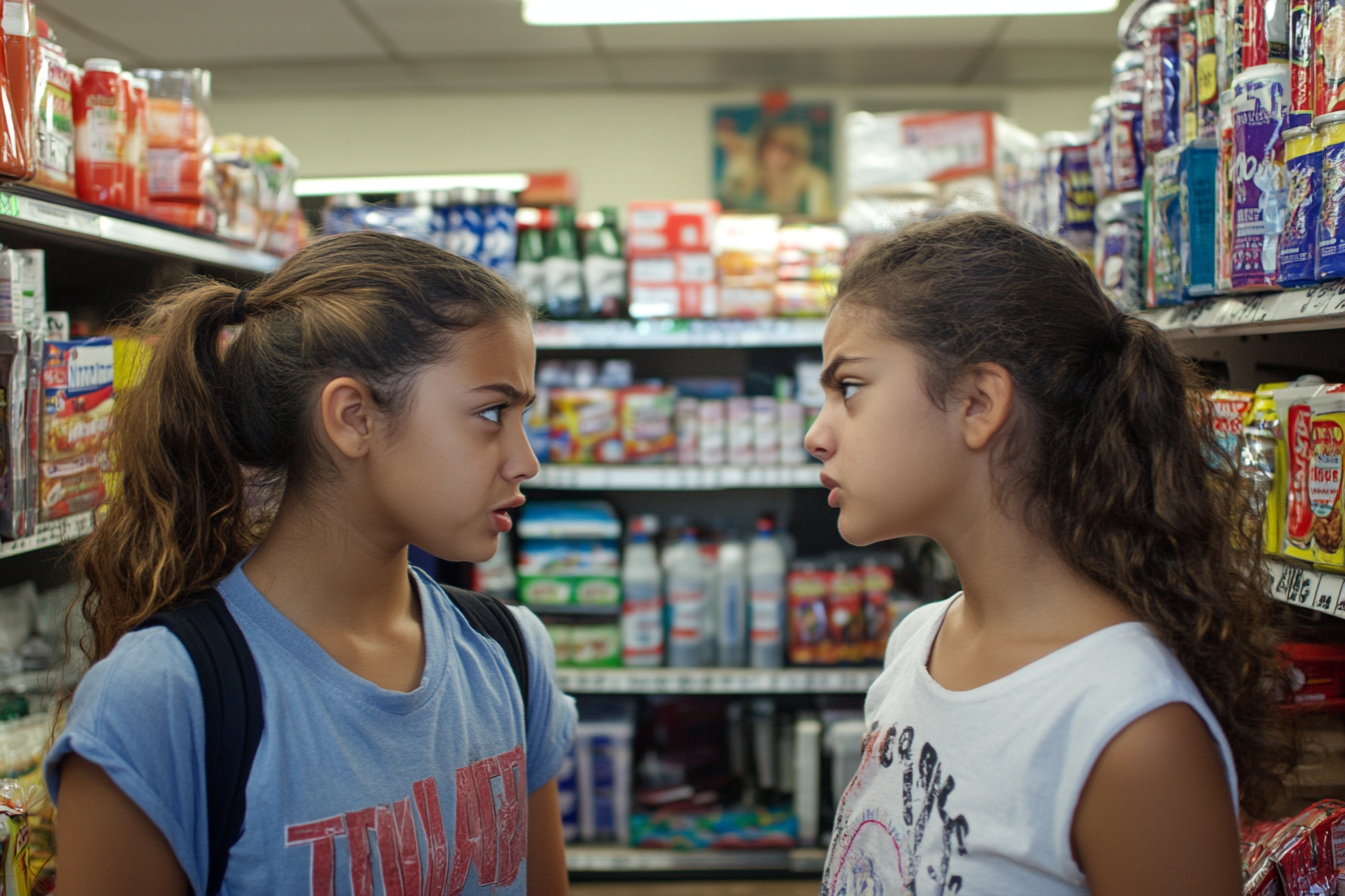 Irmãs adolescentes discutem em loja de conveniência | Fonte: Midjourney