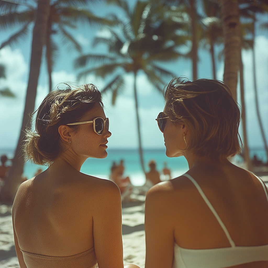 Zwei Frauen flüstern am Strand | Quelle: Midjourney