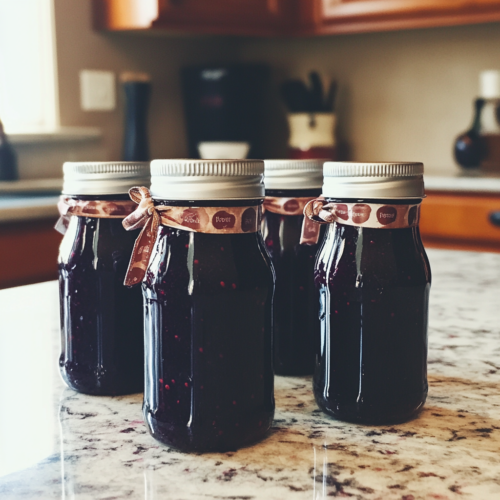 Flaschen mit selbstgemachter Marmelade | Quelle: Midjourney