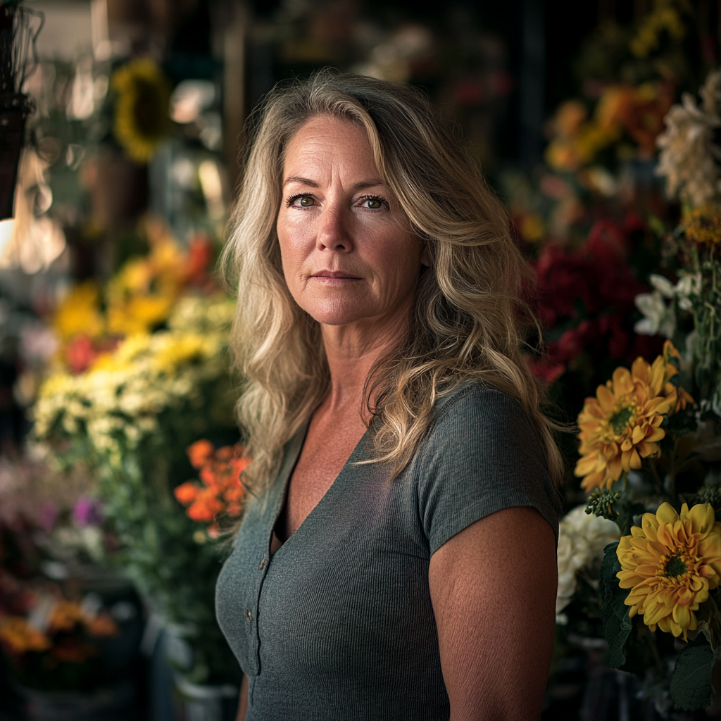 Eine Frau mit blondem Haar steht in einem Blumenladen | Quelle: Midjourney