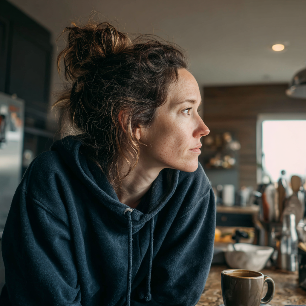 Eine aufgebrachte Frau, die an einem Küchentisch sitzt | Quelle: Midjourney