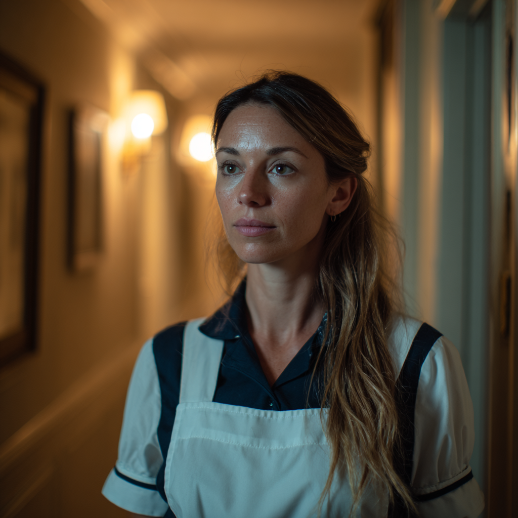 Eine nachdenkliche Frau in einer Kellnerinnen-Uniform | Quelle: Midjourney