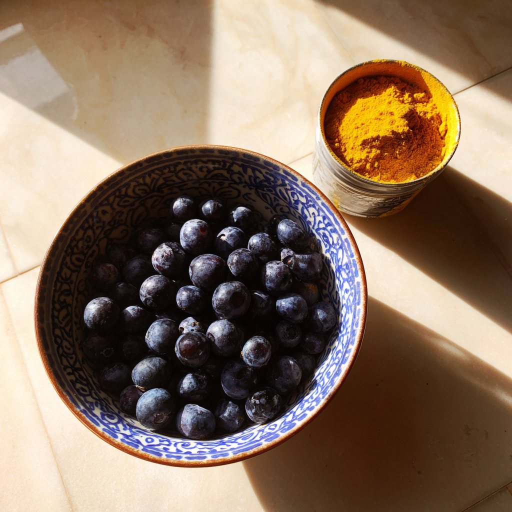 Eine Schüssel Blaubeeren und ein Behälter mit Kurkumapulver | Quelle: Midjourney