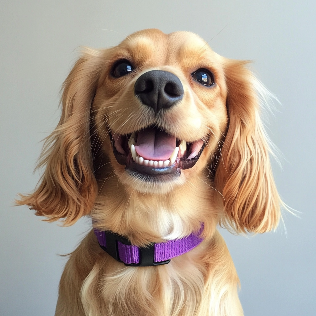 Eine Nahaufnahme eines Hundes mit einem lila Halsband | Quelle: Midjourney