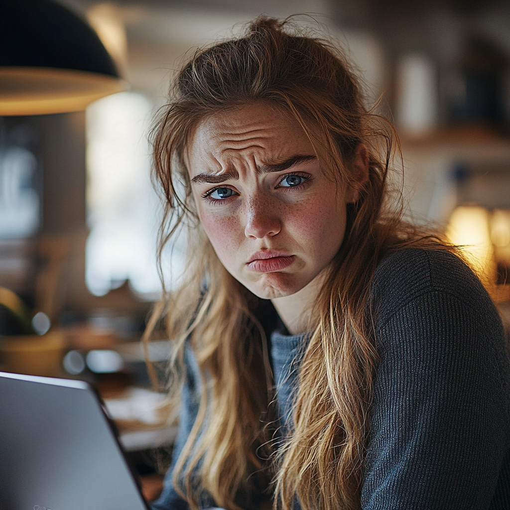 Eine Frau schaut traurig und frustriert, während sie ihren Laptop benutzt | Quelle: Midjourney