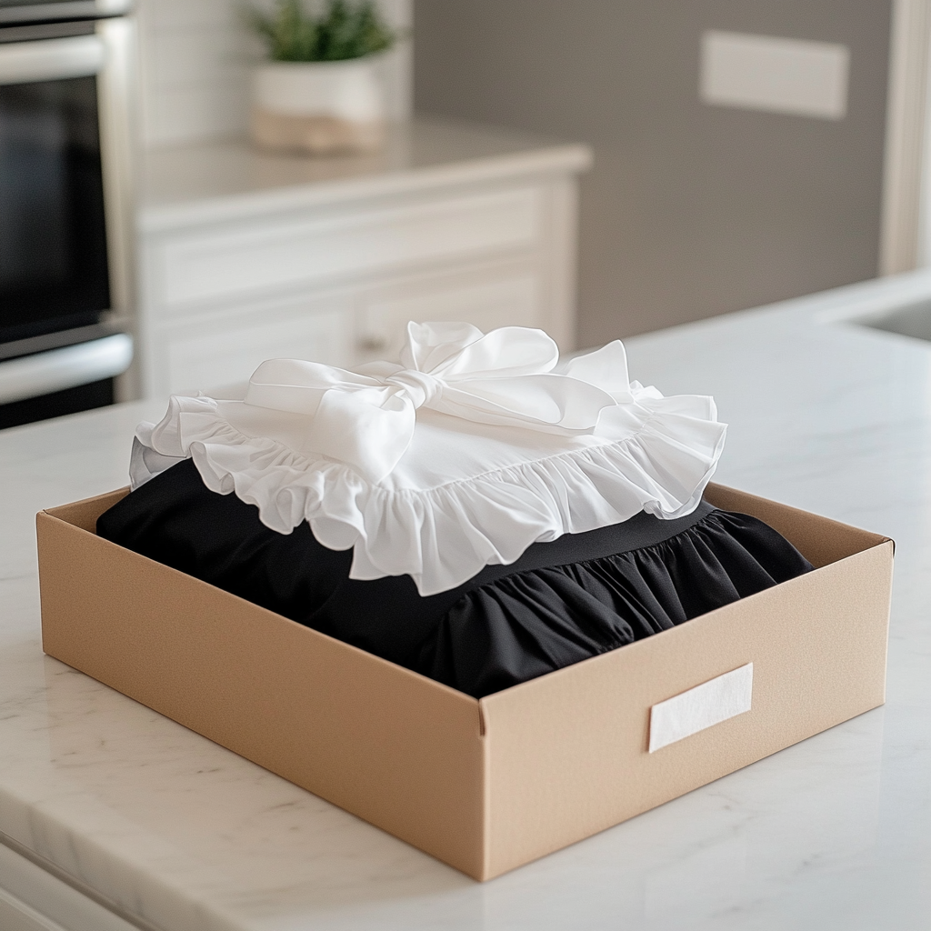 Eine gerüschte weiße Schürze und ein schwarzes Kleid in einer Geschenkbox | Quelle: Midjourney