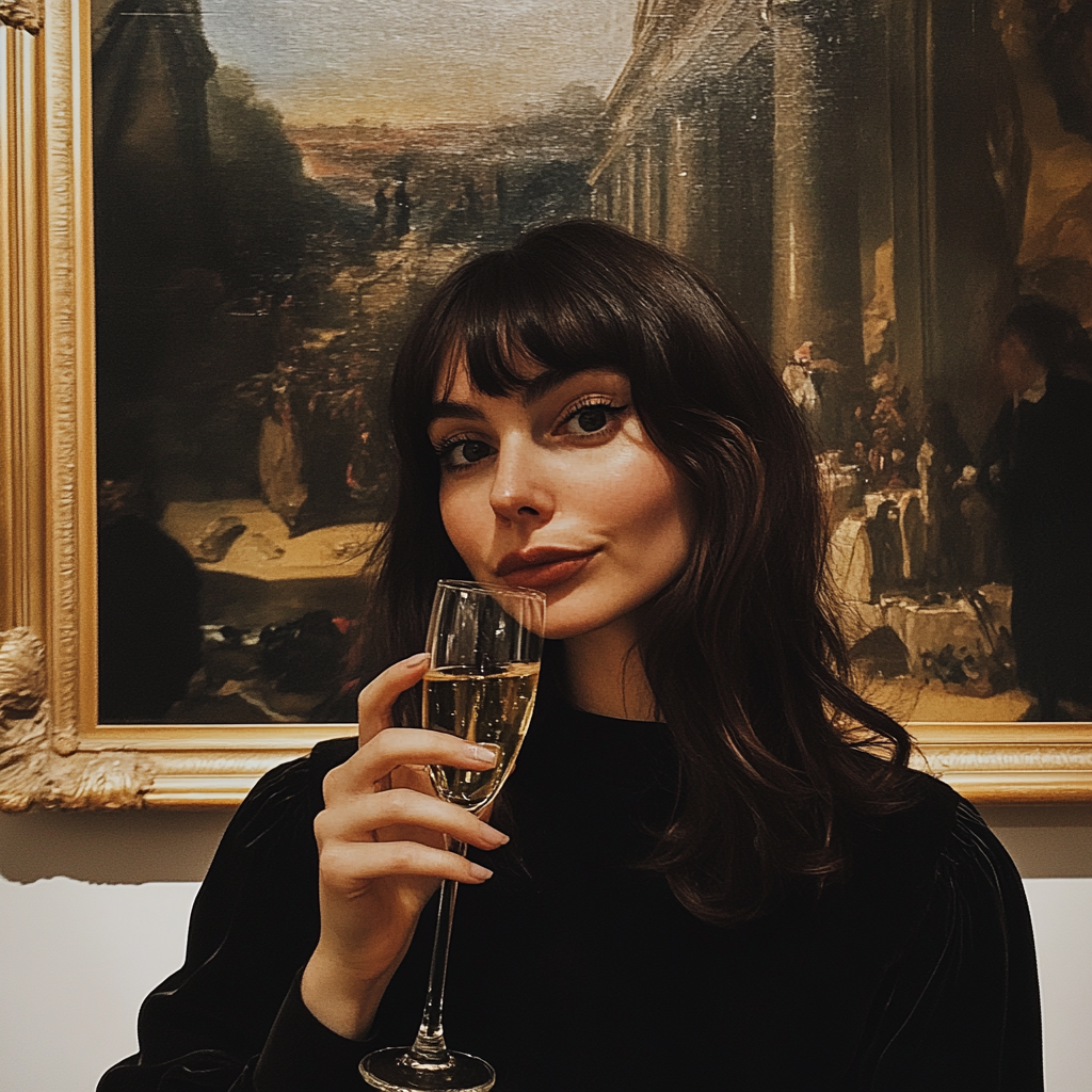 Eine Frau trinkt ein Glas Champagner in einer Kunstgalerie | Quelle: Midjourney