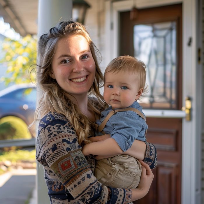 Eine Frau mit einem kleinen Jungen im Arm auf der Veranda eines Hauses | Quelle: Midjourney