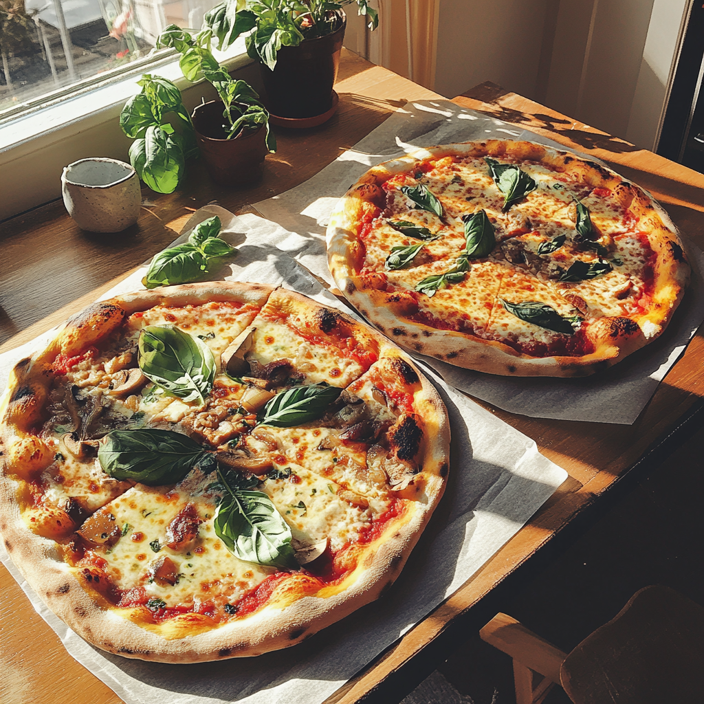 Pizza auf einem Tisch | Quelle: Midjourney