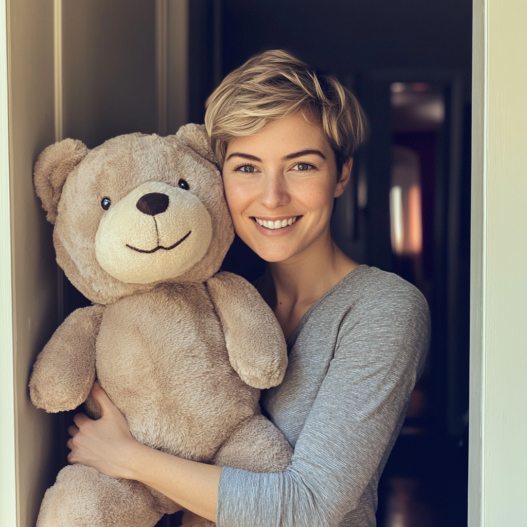 Eine Frau hält einen Teddybär | Quelle: Midjourney