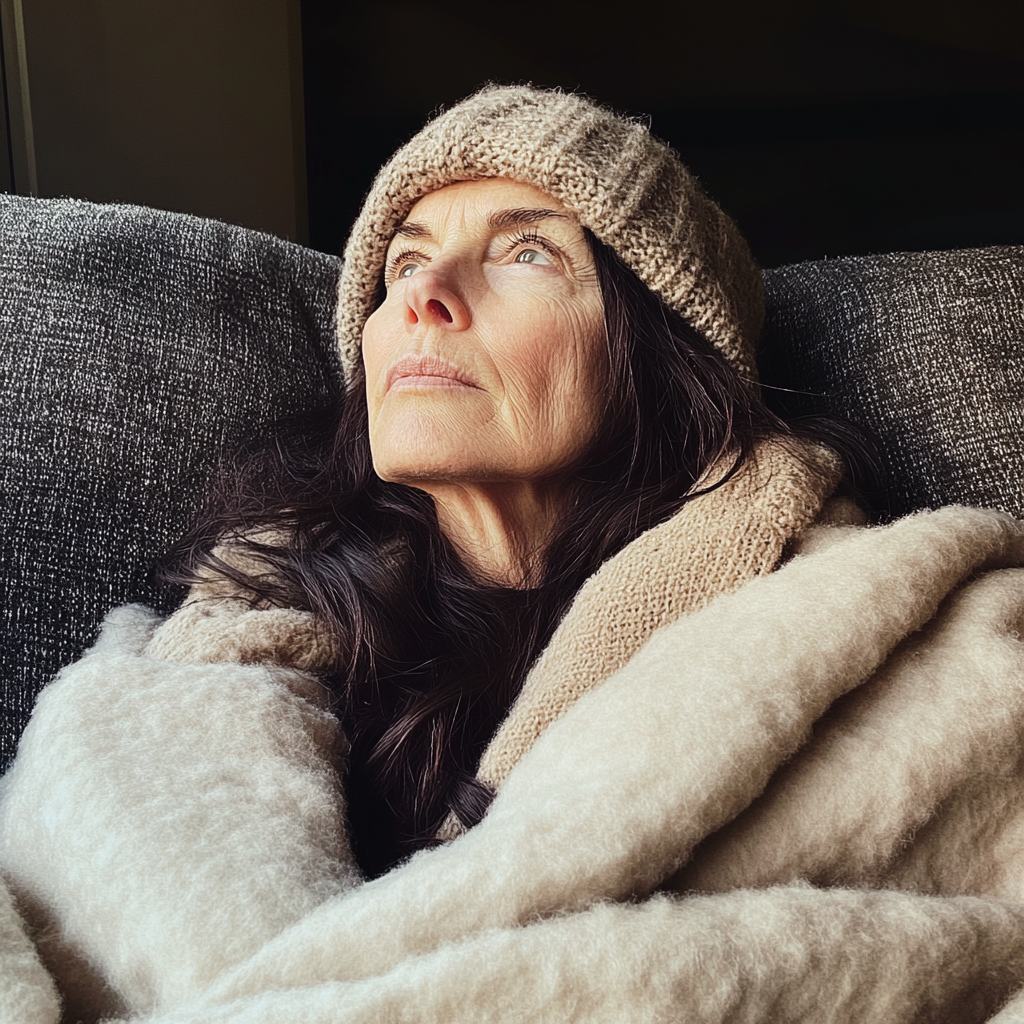 Eine Frau, die auf einer Couch sitzt und nach oben schaut | Quelle: Midjourney