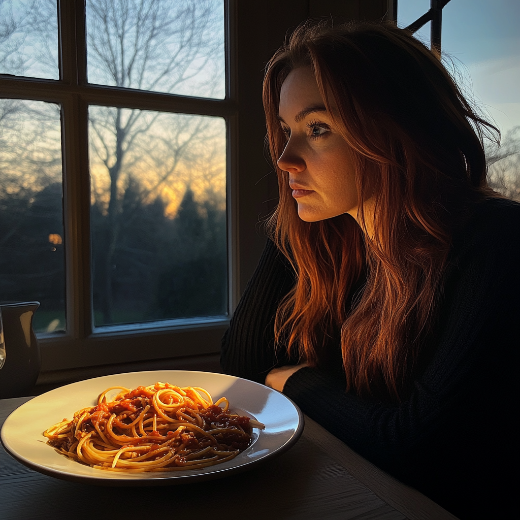 Eine nachdenkliche Frau, die an einem Esstisch sitzt | Quelle: Midjourney