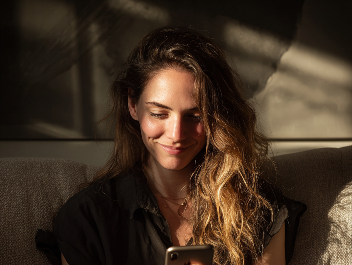 Eine amüsierte Frau, die eine SMS auf ihrem Handy schreibt | Quelle: Midjourney
