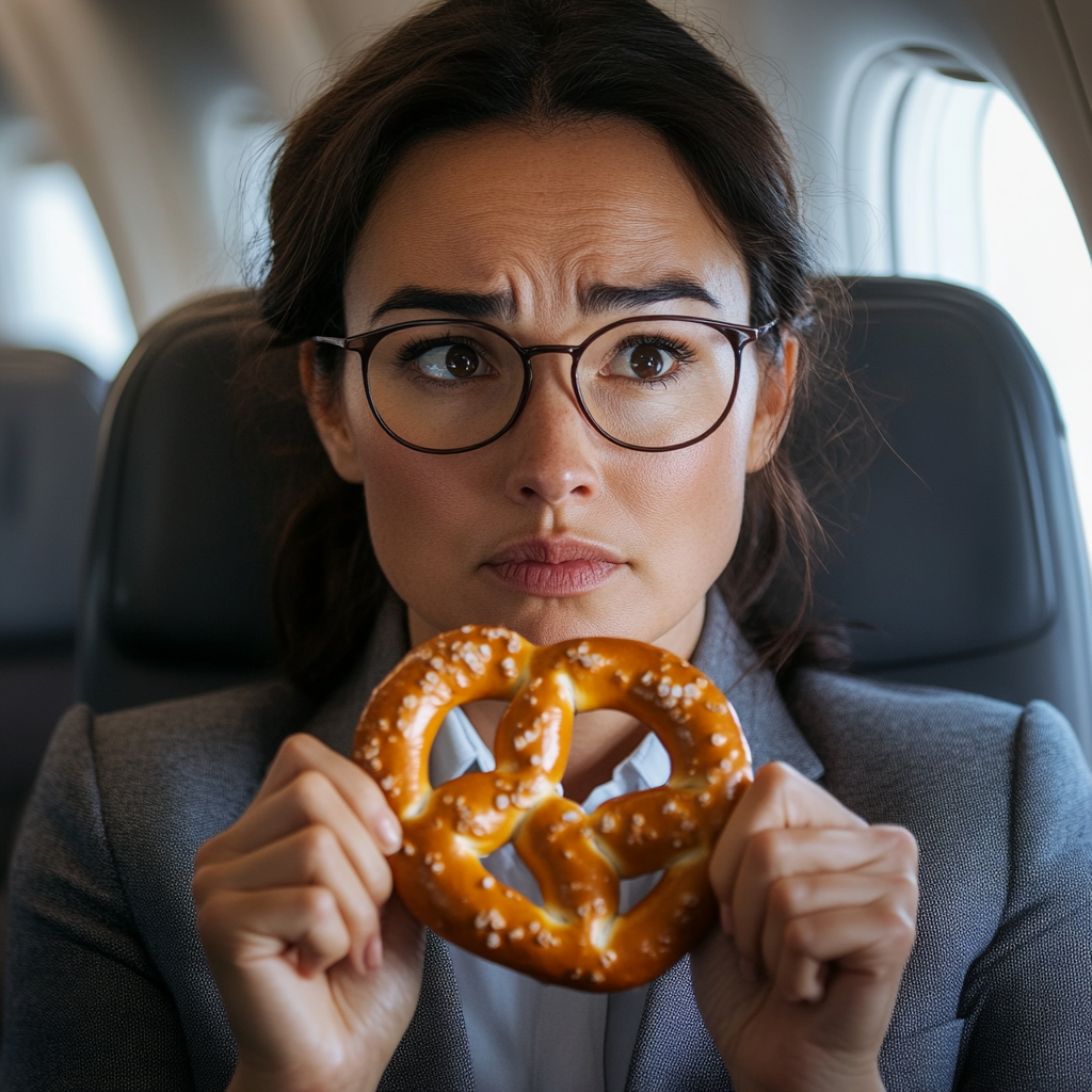 Eine Frau, die enttäuscht ist, weil sie nur eine Brezel zu essen bekommt | Quelle: Midjourney