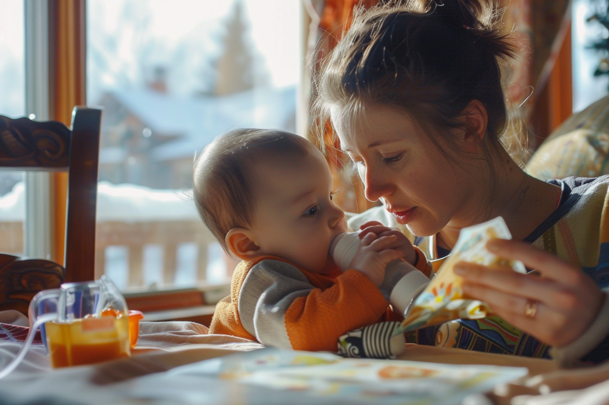 Eine Frau, die ihr Baby stillt, während sie an einem Projekt arbeitet | Quelle: MidJourney