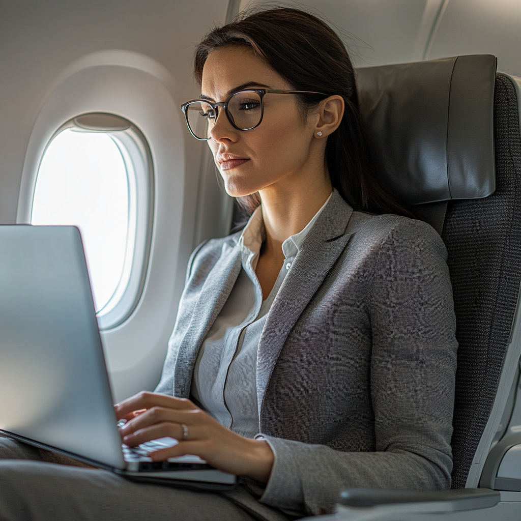 Die Frau arbeitet an ihrem Laptop im Flugzeug | Quelle: Midjourney