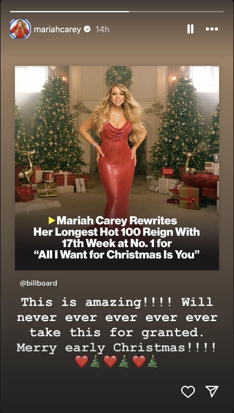 Mariah Careys Reaktion auf ihren Meilenstein, gepostet am 23. Dezember 2024 | Quelle: Instagram/mariahcarey